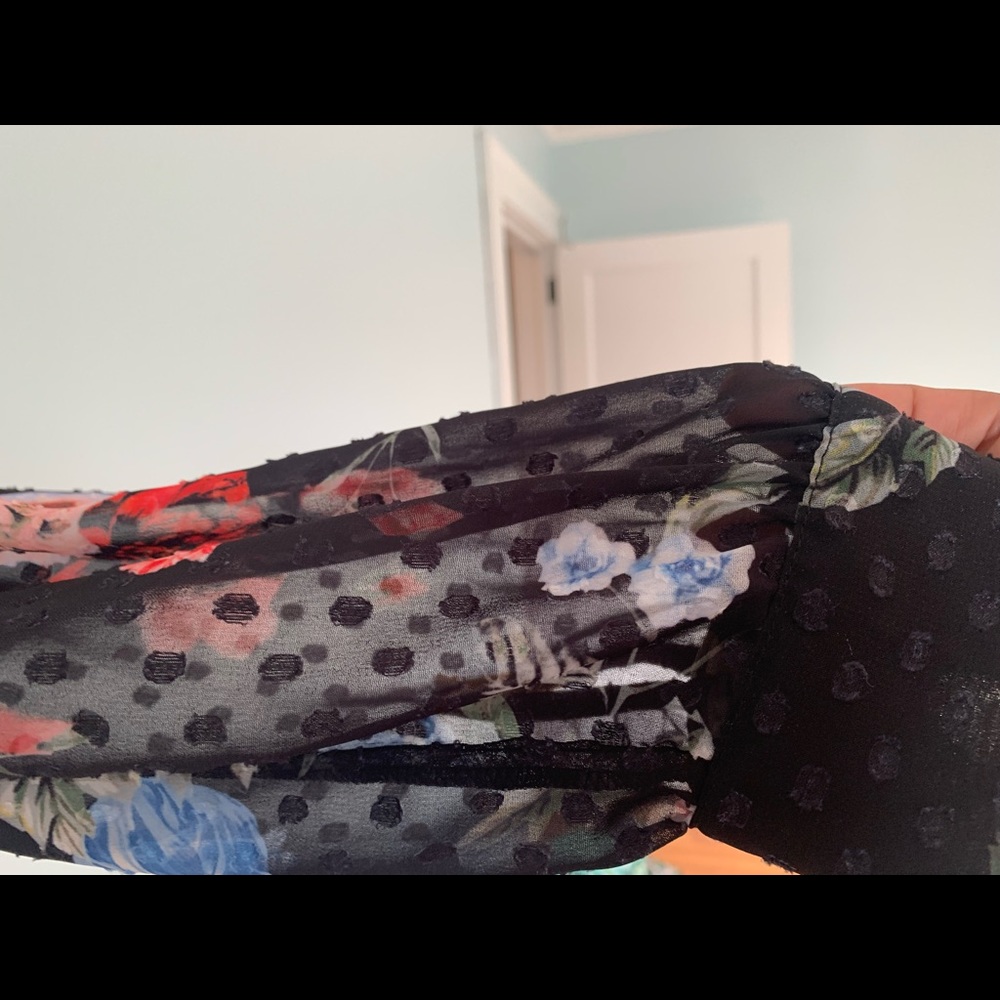 Black Floral Wrap Tie Blouse w/ Sheer Sleeves